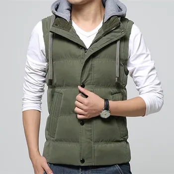 

High Quality Men Casual Vest Winter Coat Hat Detachable Men Waistcoat Sleeveless Jacket Solid Outwear Vest Men 4 Colors