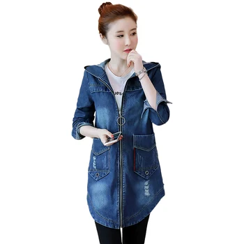 

spring Korean Denim Jacket Women Slim Long Base Coat Women's Winter Hooded Blue Plus size Jeans Jackets Coats Cool 5XL NW1105