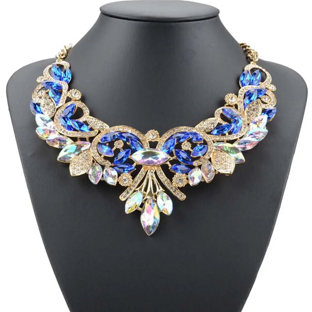 1Pcs White Blue Colors Crystal Flower Necklace Fashion Chain Choker