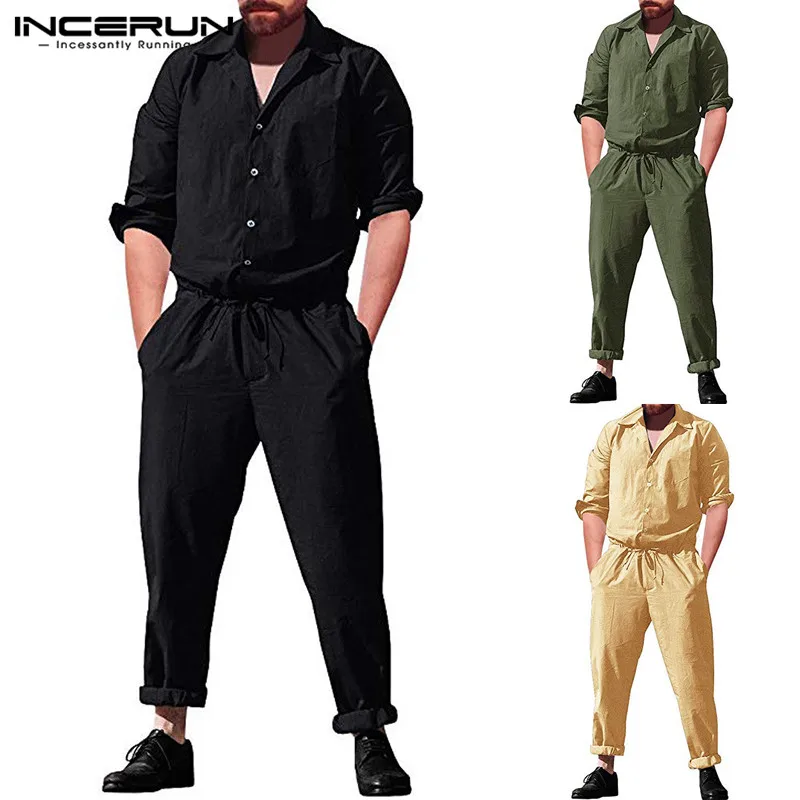 

INCERUN 2019 Fashion Men Jumpsuit Overalls Pockets Long Sleeve Joggers Streetwear Button Loose Casual Pants Playsuit Men Rompers