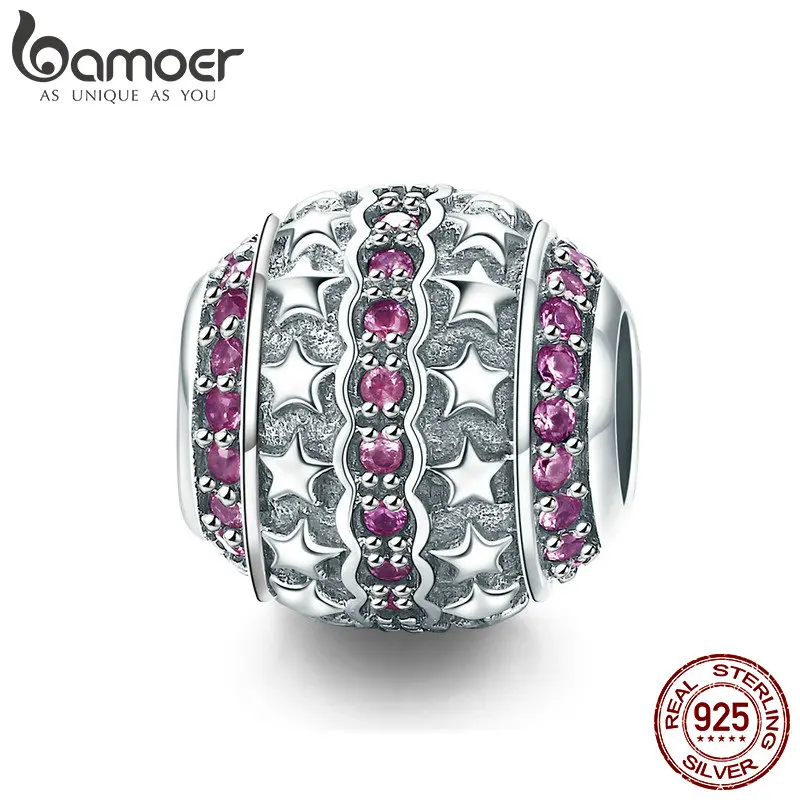 

BAMOER Romantic 925 Sterling Silver Sparkling Stackable Star Pink CZ Beads fit Women Bracelet & Necklaces DIY Jewelry SCC802
