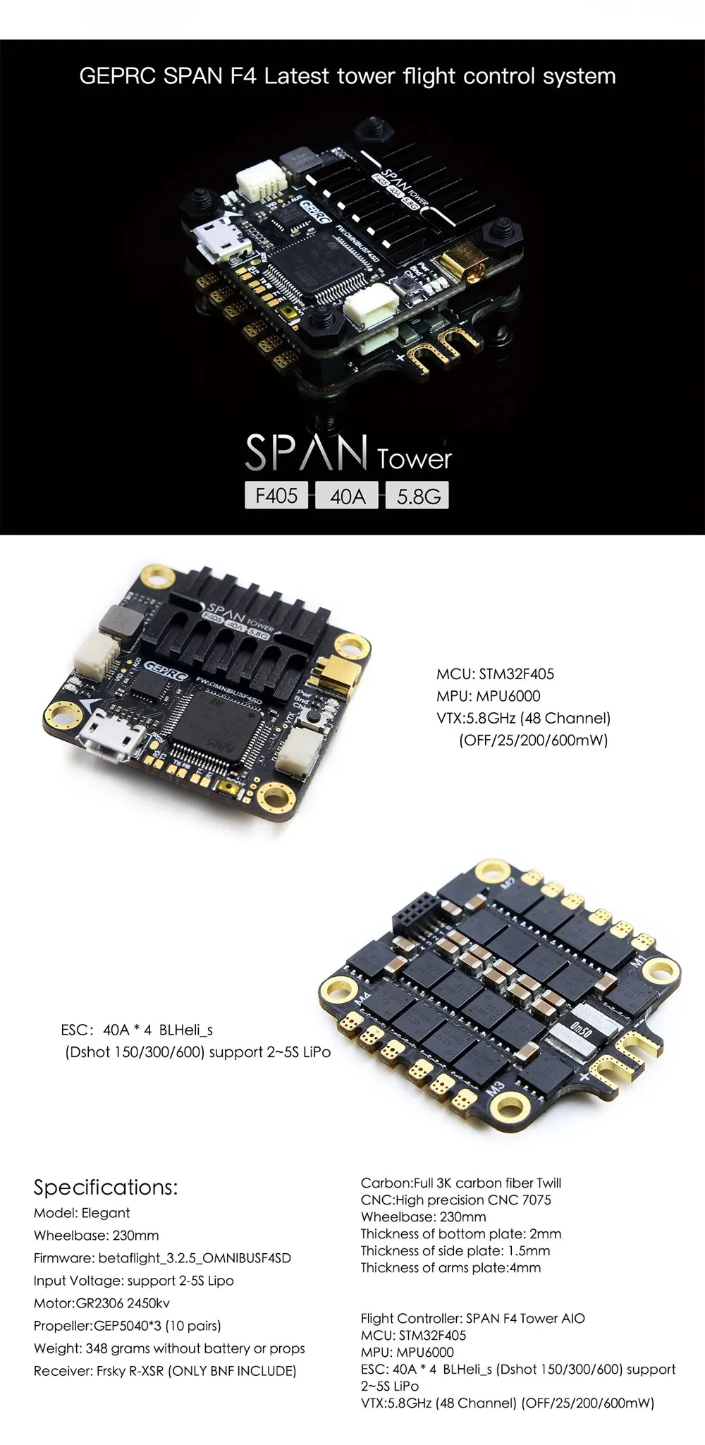 GEPRC Elegant 230mm FPV Racing Drone SPAN F4 FC BLHeli_s 2-5S 40A Dshot600 ESC 5.8G 48CH VTX Frsky R-XSR Receiver - BNF