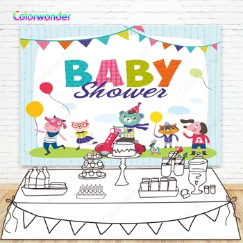 

Animal with World Photography Background Baby Animals with Colorful Clothes 7x5ft for Baby Shower White with Blue Side Backdrops