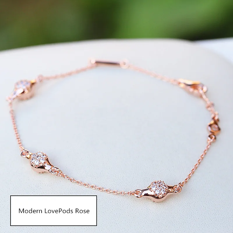 

NEW! Perfect logo Charm Engraved S925 Silver charms bracelet Modern LovePods Rose Bracelet women Clear 1pz