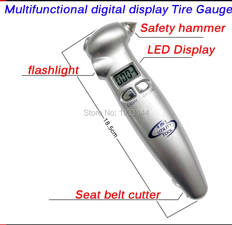 4 в 1 высокая точность цифровой ЖК-дисплей автомобильная шина шины Давление датчик измерительный прибор тестер+ Аварийные молотки+ фонарик+ резак