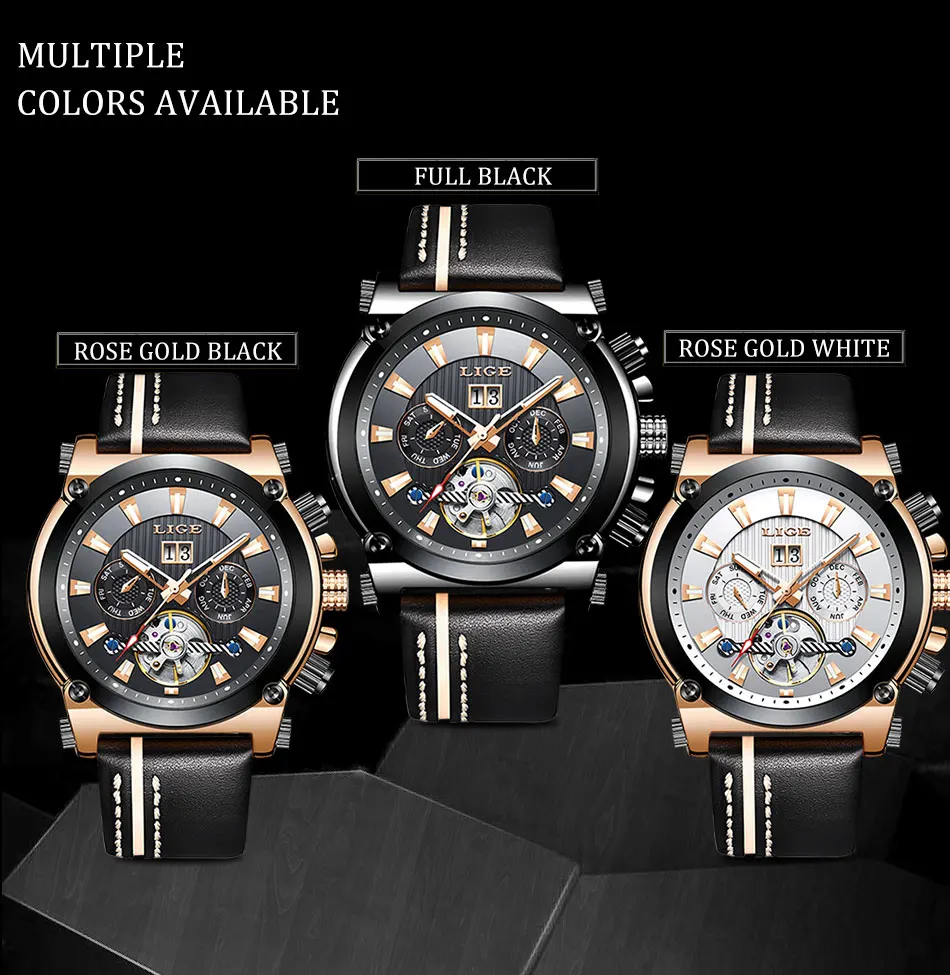 LIGE для мужчин часы лучший бренд класса люкс автоматические механические часы мужской кожаный водостойкий Спорт Бизнес наручные часы Relogio