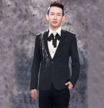 

European men chain suits design homme terno stage costumes singers men sequin blazer dance clothes jacket dress punk black