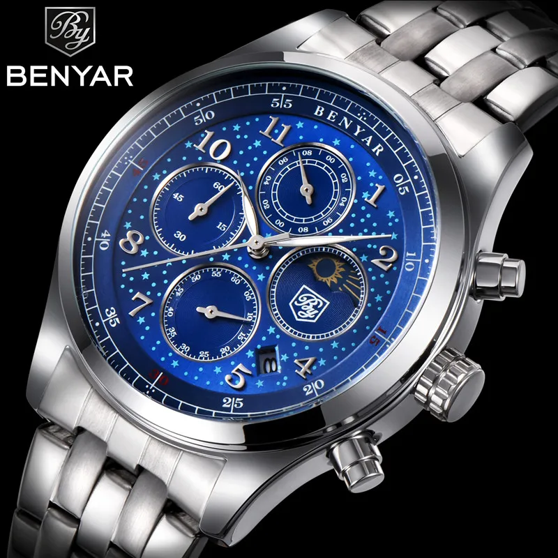 Топ люксовый бренд BENYAR мужские часы Moon Phase полная сталь кварцевые модные