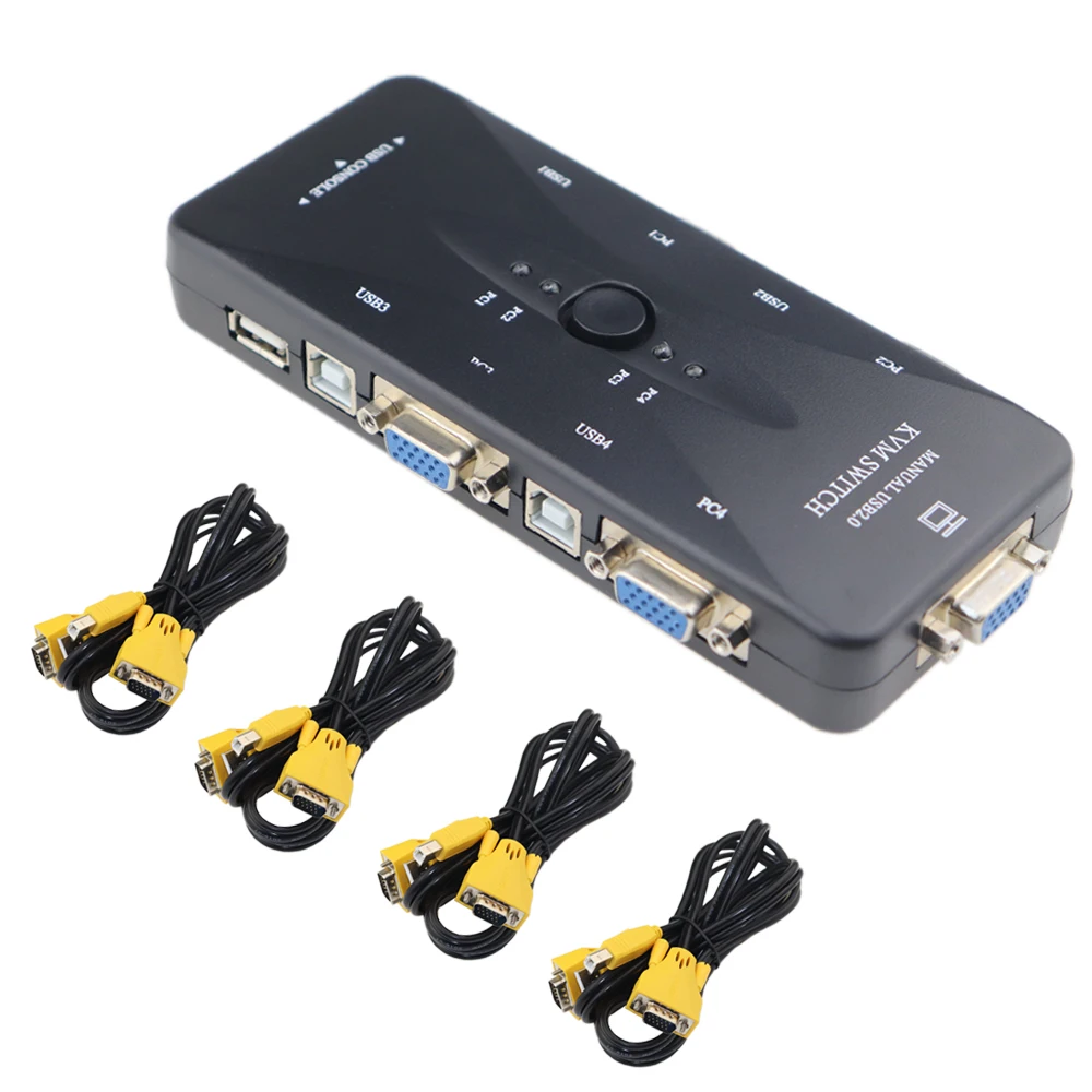 

USB KVM VGA Switcher 4 Ports USB 2.0 KVM Switch Box Adapter One-Button Swapping For Computer, Keyboard, Mouse, Scanner, Printer