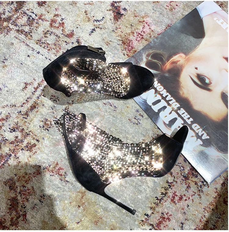 

Summer new style sexy ladies ankle boots bling crystal Cut Outs sandals thin heels open toe women peep-toe party shoes bota