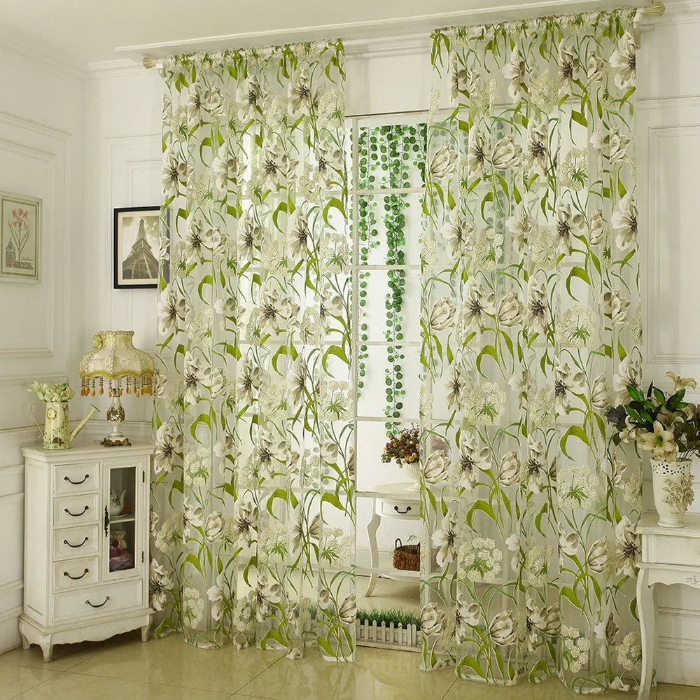 

1pc Flower Printed Tulle Door Window Curtain Drape Panel Sheer Scarf Valances Drapes In Living Room Home Sheer Voile Valances