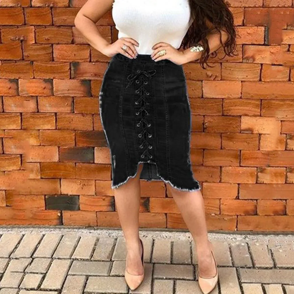 Denim Skirt Women Fashion High Waist Ripped Destroyed Bodycon Street Wear Midi Skirt Lace Vintga Jeans Skirt Woman