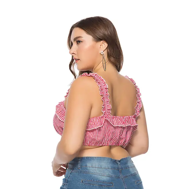 Casual Women Plus Size Chiffion Red And White Striped Plaid Tube