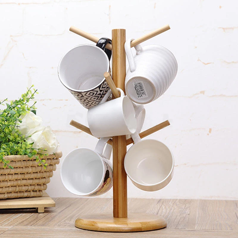 

Durable Wood Mug Cup Rack Mayitr Drinkware Shelf Coffee Cup Storage Stand Hanging Display Rack With 6 Hooks Kitcehn Supplies