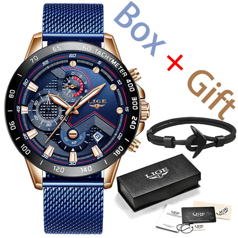 

LIGE Stainless Steel Mesh Belt Waterproof reloj hombre Top Brand Luxury Quartz Sport Watch Men Casual Blue Dial zegarek meski