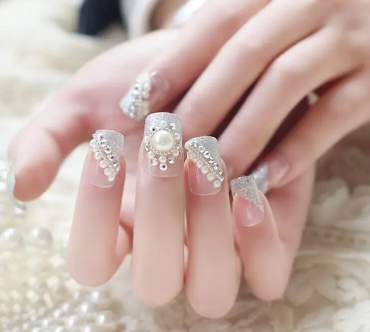 Free Shipping 24pieces/lot Transparent Beautiful Finished Produc Pearl Full False Nails plate Tips with Rhinestone Wholesale | Красота и