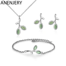 ANENJERY 925 Sterling Silber Schmuck Sets Opal Blatt Knospe Halskette + Ohrringe + Armband Für Frauen Mädchen Schmuck Geschenk