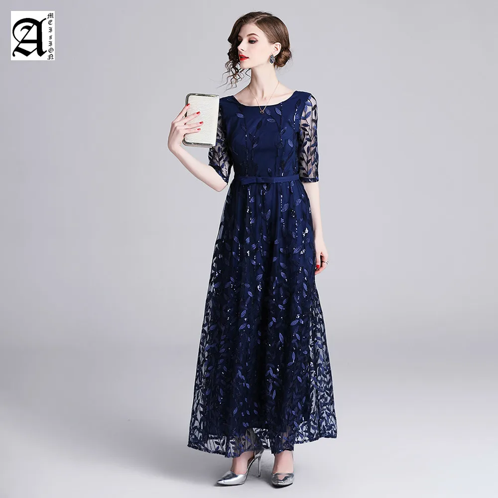 

2019 New A line Scoop Neck Short Sleeve Lace Appliques Tulle Long Party Gowns Navy Blue Formal Evening Dresses Robe Soiree Sexy
