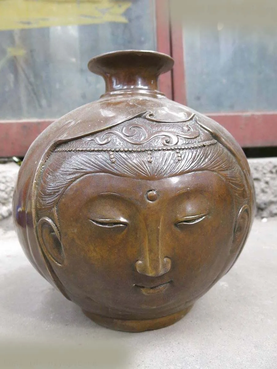 

11" China brass copper carved beautiful belle face and man face Vase Sculpture (D0426)