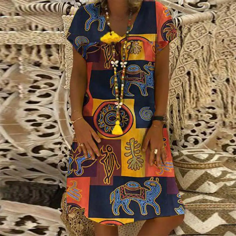 

Women's Linen Dress 2019 ZANZEA Vintage Print Dress Summer Vestidos Female V Neck Short Sleeve Tunic Robe Femme Plus Size 5XL