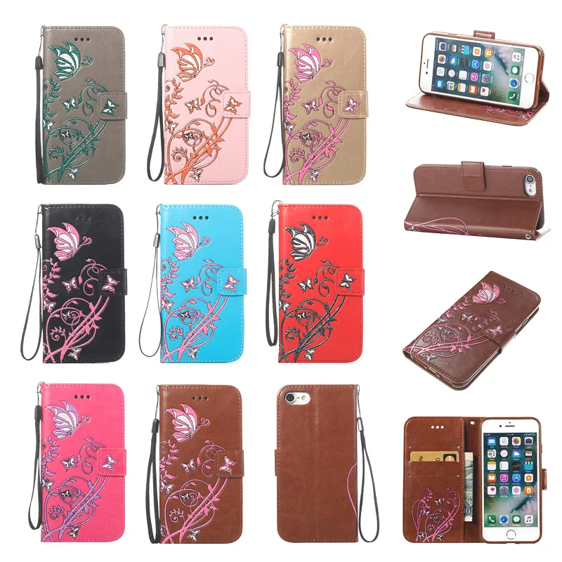 

Leather Flip Wallet Butterfly Embossing Soft Phone Silicone Cover Shell Coque Fundas for iPhone i5 5 5S SE 6 6G 6S 7 8 Plus Case