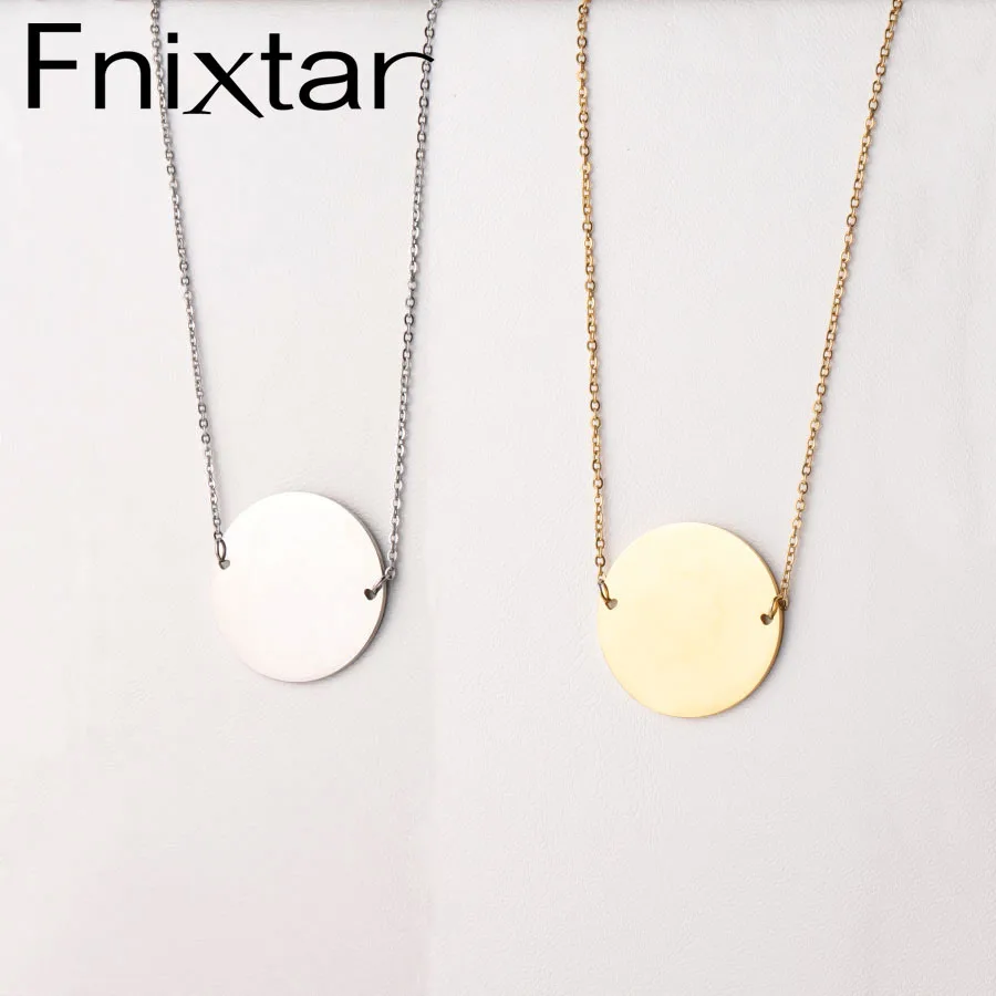 

Fnixtar Mirror Polish Stainless Steel 30mm Round Plate Charm Necklace Small Heart Love Necklace For Women 10Piece/lot