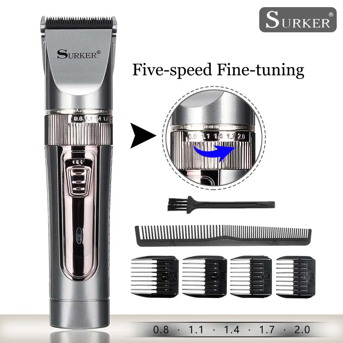 Surker, профессиональный триммер для волос, перезаряжаемая цифровая машинка для стрижки волос, 5 скоростей, тонкая настройка, триммер, бритва для бороды, керамическое лезвие, Sk-639
