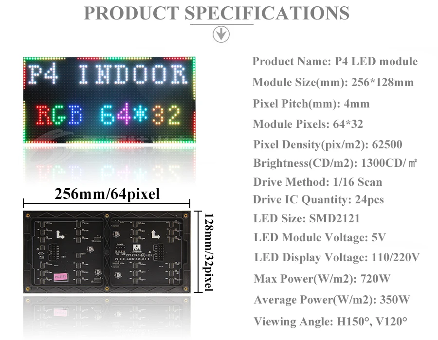 256*128 мм 64*32 пикселей 1/16 сканирования в помещении 3in1 SMD полноцветного P4 led модуль экрана дисплея