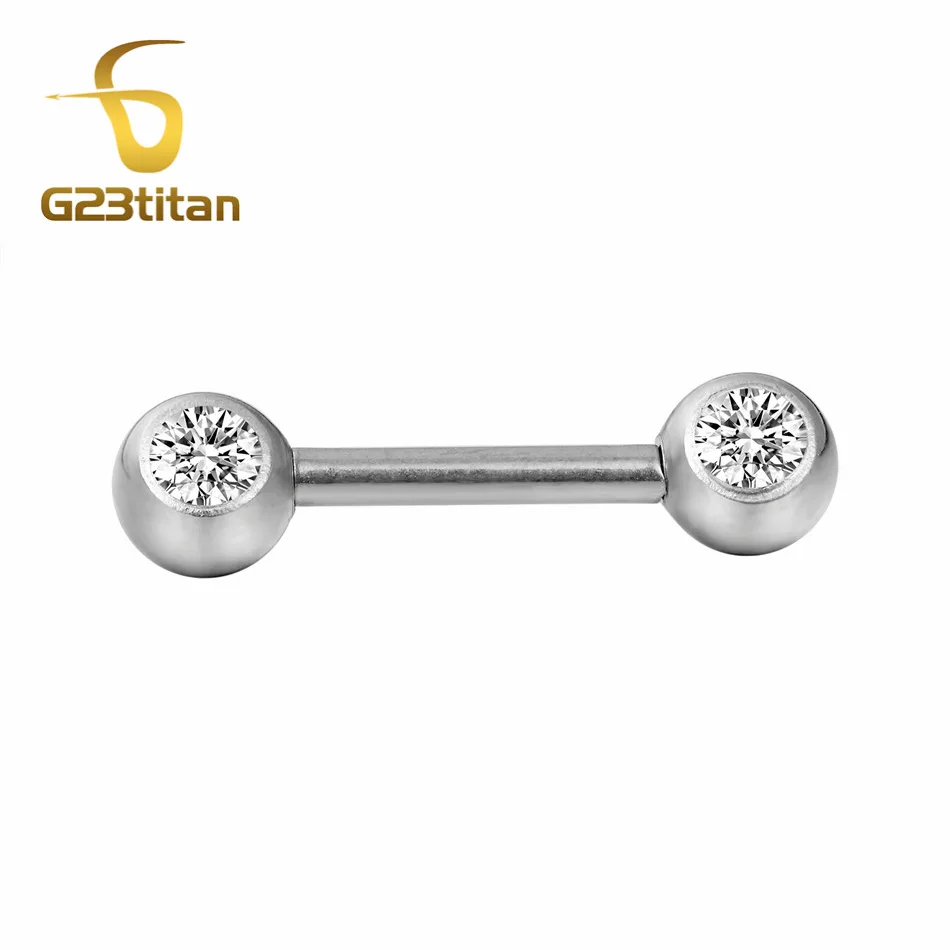 G23titan 14G/1.6mm Titanium Barbell for Nipple Piercing Double Crystal
