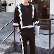 Aismz Осень Зима повседневные черные белые мужские комплекты одежды три четверти рукав модные костюмы свободные мужские топы брюки плюс размер