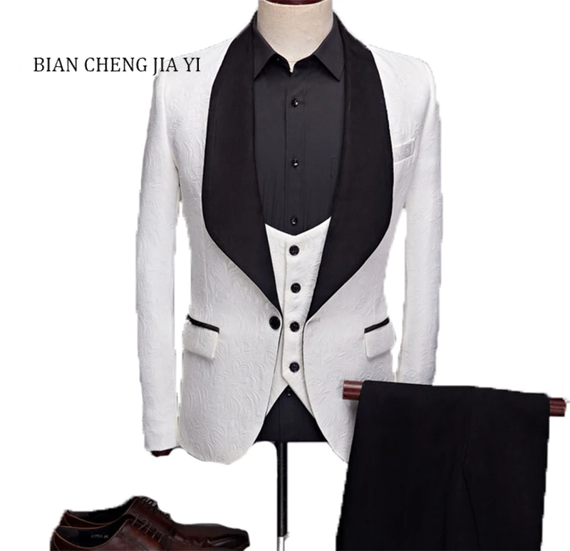 

Hot selling Men White Wedding Suits Big Shawl Lapel 3 Pieces Set Groom Prom Suits Jacquard Banquet One button Party Tuxedos