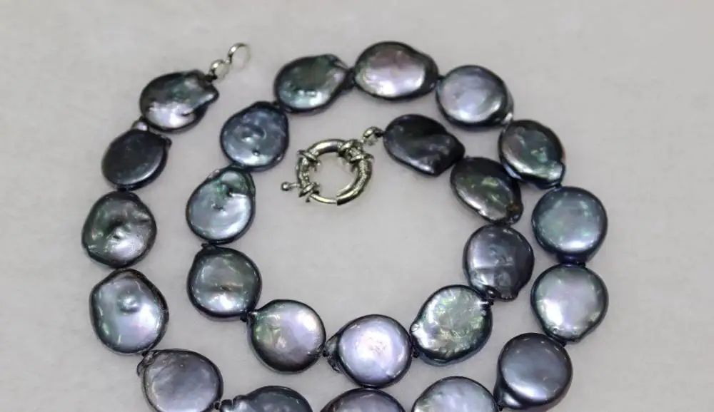 

Coin shape freshwater pearl necklace black 13-14mm 17