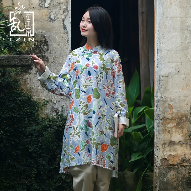 

LZJN Long Sleeve Floral Blouse 2019 Spring Autumn Chinese Cheongsam Top Irregular Beads Blouse Women Long Tunic Qipao Shirt