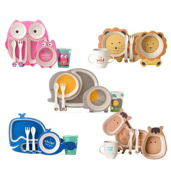 

5pc/set Cartoon Bamboo Baby Dishes Bowl Cup Plates Sets Tableware Creative Gift For Infant Toddler Children Kids Dinnerware