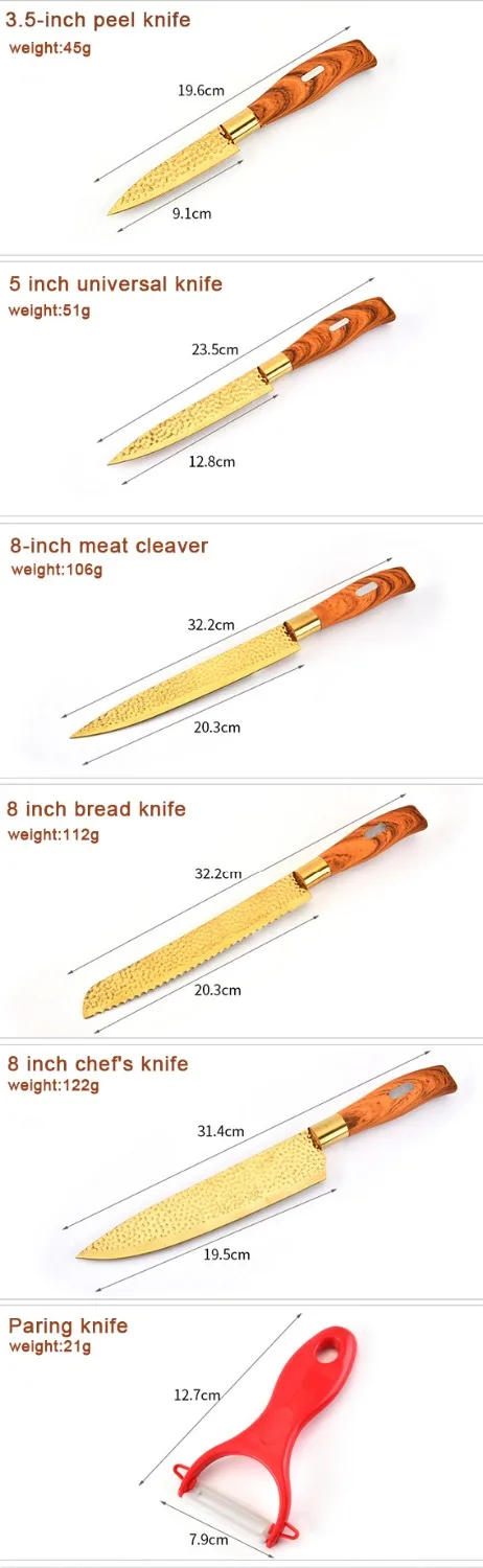 Набор из 6 нержавеющей стали с золотым покрытый металлом нож, набор кухонных ножей, деревянная зернистая ручка, острый нож для очистки овощей