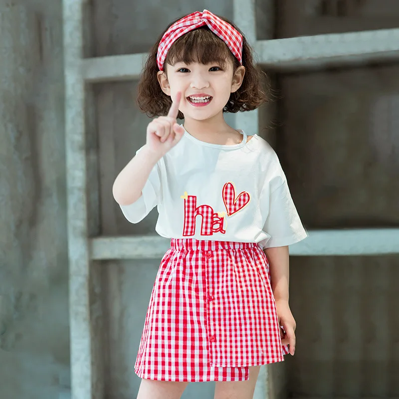 

Summer Print Short-sleeved 2 Sets Tees + Red Plaind Skirt Girl Kids Suits