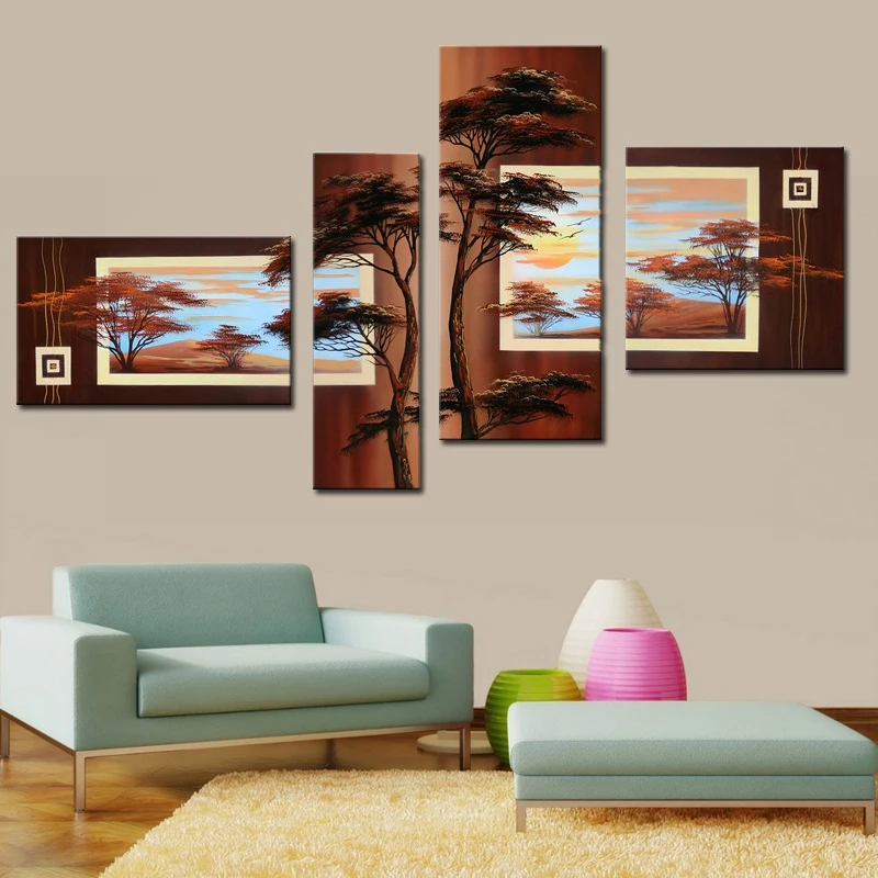 

High Skill Artists 100% Handmade Beautiful Tree Pine Landscape Oil Painting on Canvas 4 Piece Wall Art for Home Decor Unframed