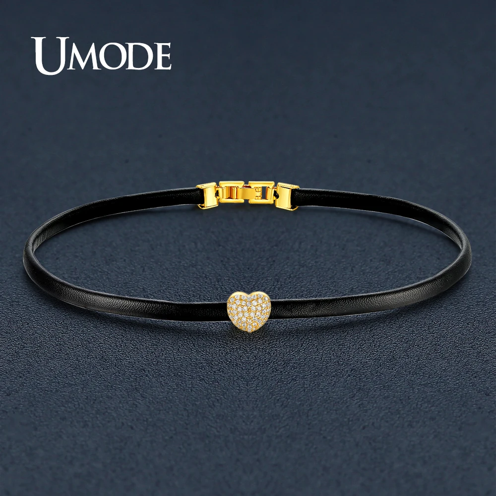 

UMODE New Love Heart Bead Leather Charm Choker Necklace for Women Gold Color Collier Femme Fashion Jewelry Christmas Gift UN0269