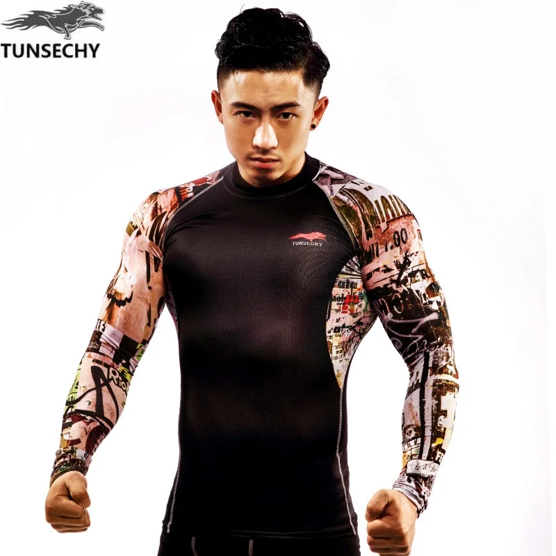 TUNSECHY оригинальная компрессия мышц для мужчин плотная футболка с длинными рукавами двухсторонняя печать Фитнес Базовый слой Тяжелая атлетика одежда