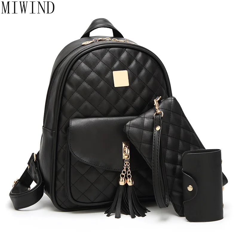 MIWIND Women PU Leather Black Plaid Style Fashion Rucksacks School Backpack For Girls Mochila Brand Designer