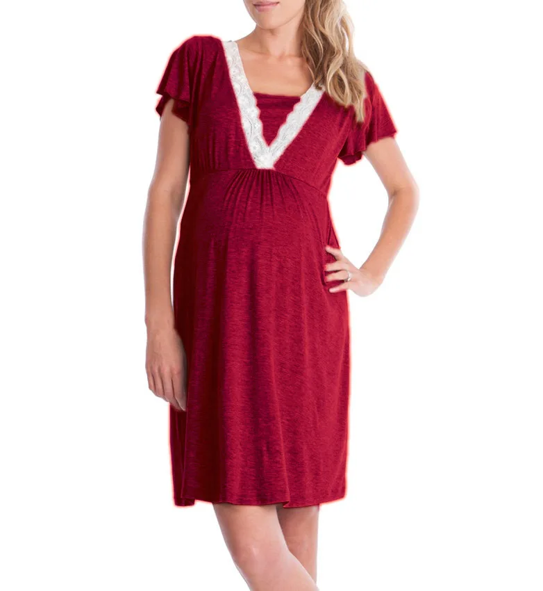 Ночная рубашка для беременных; кружевное лоскутное платье для беременных женщин; ночная рубашка для кормления грудью; Ночная сорочка - Цвет: Red