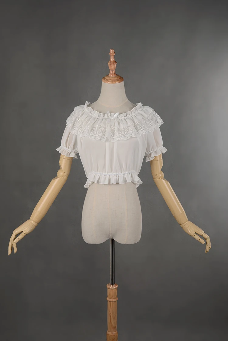 2 способа Женская Лолита шифон короткая блузка пышные рукава рубашка Топы цветок кружевная отделка 6 цветов