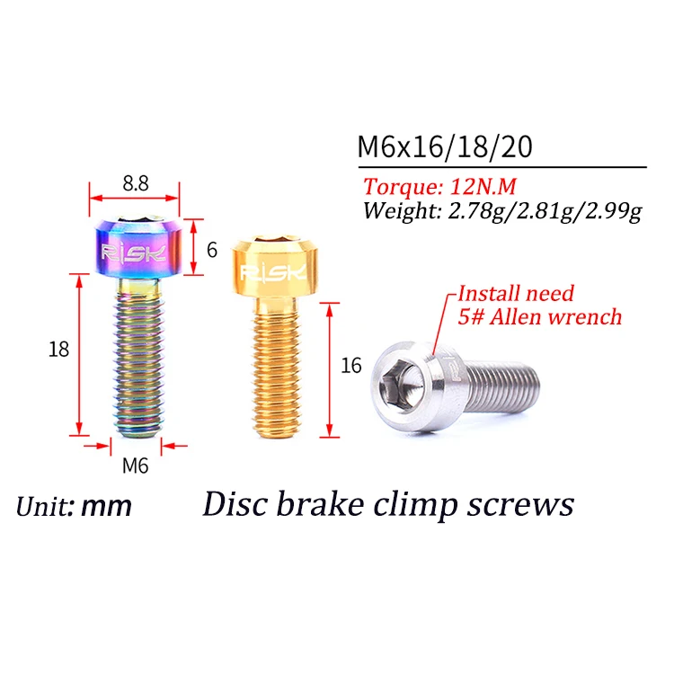 RISK 4 шт. m6x16мм m6x18мм m6x20мм Велосипедный тормозной болт титановый Ti велосипедный дисковый тормозной зажим крепежные винты запчасти для велосипеда
