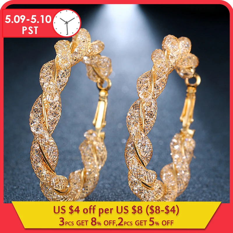 

17KM Oversize Geometric Circle Round Hoop Earrings for Women Brincos Cubic Zirconia Twist Earring Gold Color Party Jewelry Gift