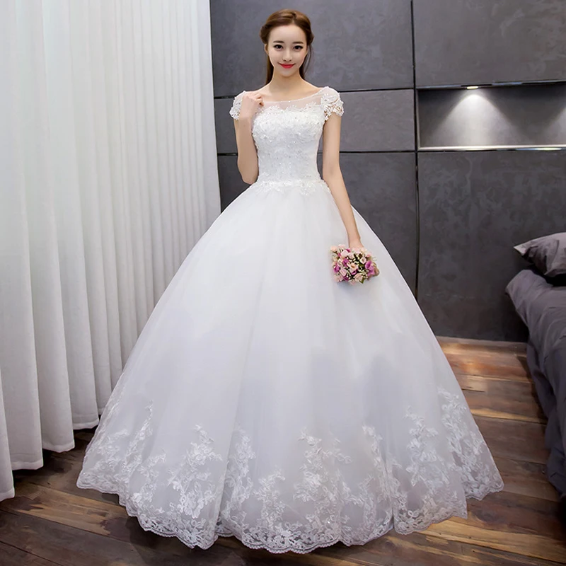 

Bridal Beaded Sequin A Line Lace Wedding Dress 2018 Weeding Tulle Cap Sleeve Long Wedding Gown