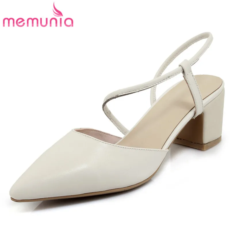 

MEMUNIA 2018 leisure summer women sandals genuine leather pointed toe shoes wedding party shoes square high heels shoes