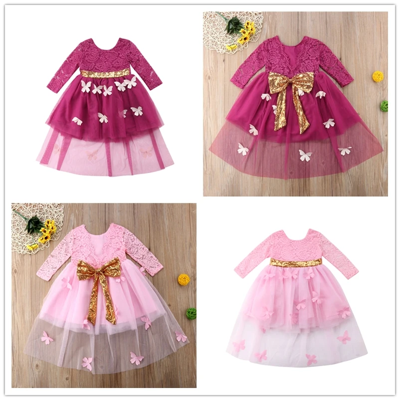 Кружевное платье-пачка с длинными рукавами для маленьких девочек на день рождения и свадьбу; платье с бантом и бабочкой
