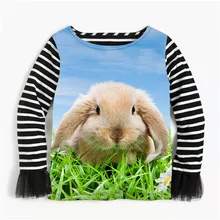 Блузка-футболка для девочек детская блузка свободные топы милый узор в виде кролика рубашки сетка в полоску пряжи с длинным рукавом детская одежда От 2 до 10 лет