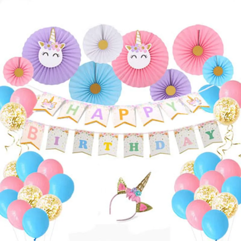 

Unicorn Theme Happy Birthday Party Decoration Set Paper Fan Flag Set Party Hat Decoration
