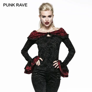 

PUNK RAVE Punk Rave Gothic Vintage Top Victoria Retro Casual Cotton Long Sleeve Womens Shirt T-shirt T369